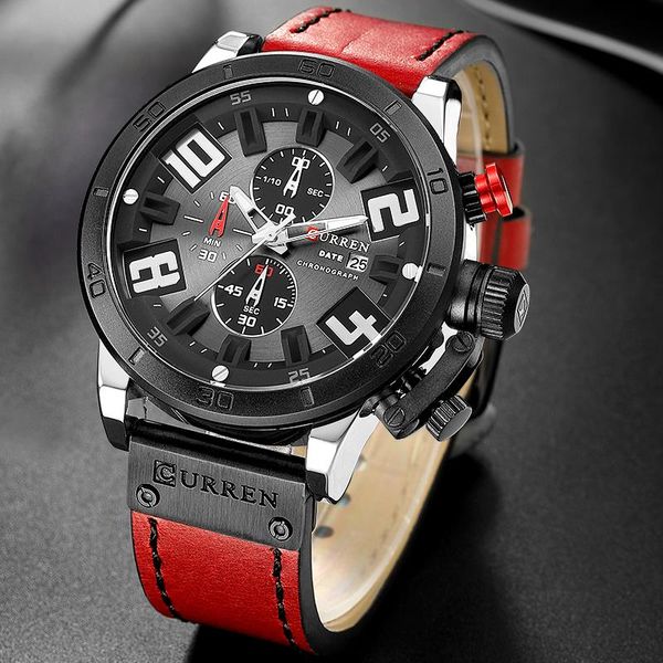 

curren men's fashion leather strap quartz sports watches outdoor casual men waterproof wristwatch man analog clock gift, Slivery;brown