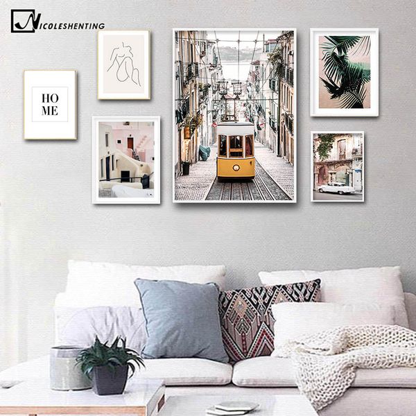 

yellow bus old street house vintage poster city landscape nordic art canvas print painting wall picture modern home decoration