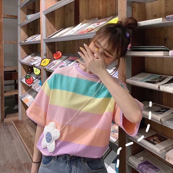 

2020 радуги полосатый с короткими рукавами футболки midi свободный топ мода 2020 радуги полосатый с короткими рукавами футболки женщин midi, White