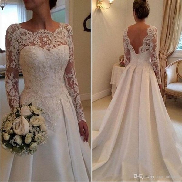 

white long sleeve wedding dresses a line sheer neckline backless lace and satin bridal modern plus size wedding dresses dh347
