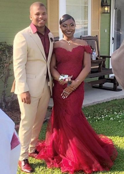 

burgundy tulle off shoulder lace mermaid prom dresses with appliques sweep train short sleeves formal evening party gowns, Black;red