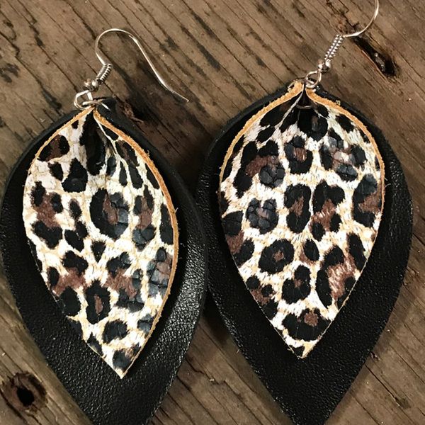 

double layer glitter gold leopard print leather teardrop earrings animal print large leaf earrings valentine's day gift, Silver