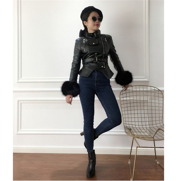 

faux leather coat women black leisure pu coat autumn winter new europe and america long sleeve fashion faux leather jacket lr377