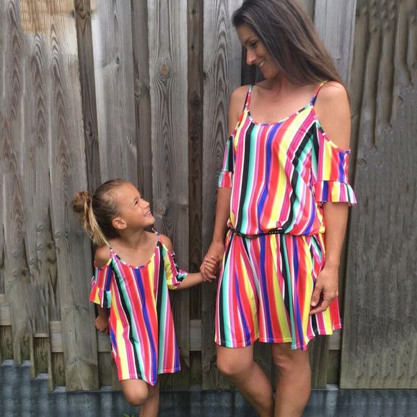 

summer colored mother and daughter dresses clothes parent-child dress family matching outfit off shlouder dress, Blue