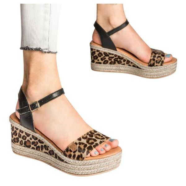 

summer thick bottom sandals women fashion leopard pattern wedges sandals ladies buckle strap casual shoes 2020 g3, Black