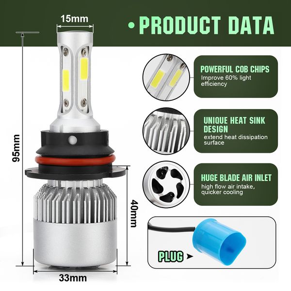 

2pcs led headlight bulb conversion kit 9004 hb1 automotive car headlamps replacement high low beam 6000lm 6500k 60w with cool white cob chip