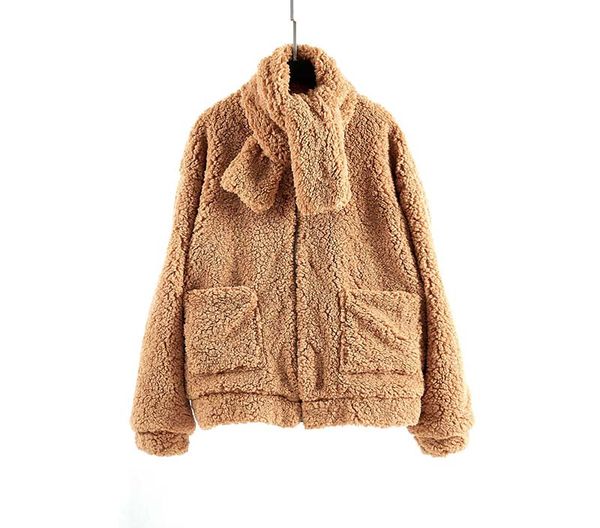 

soft zipper fur jacket with scarf female plush overcoat casual pocket outwear teddy cozy fashion warm lambwool fur coat women, Black