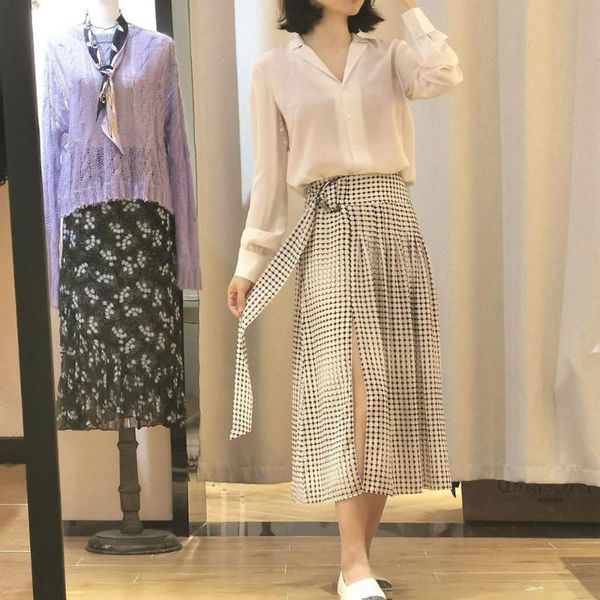 

geometrical printed split women skirt 2020 summer new fashion wild sashes lady midi skirt, Black