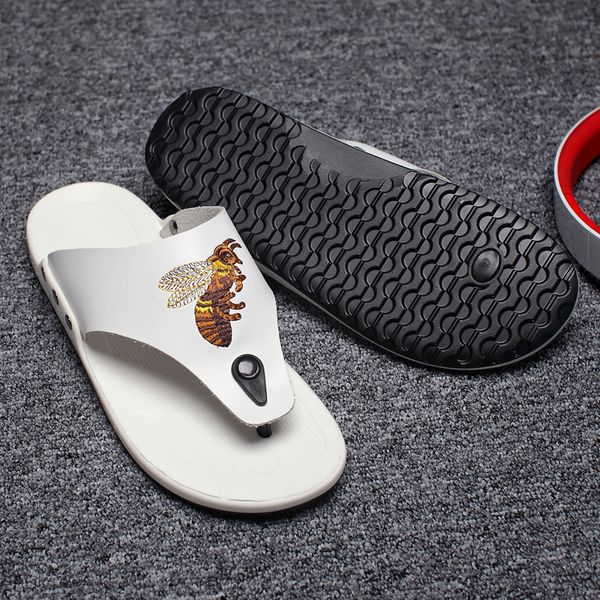

fashion men men's slippers embroidery flip flops genuine leather non-slip beach home outdoor anti-slip bathroom, Black
