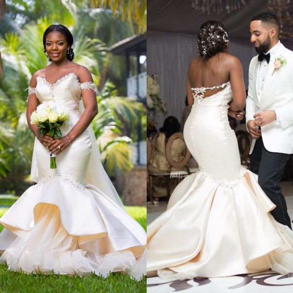 

2019 african mermaid wedding dresses sweetheart lace beads abiti da sposa beach wedding dress sweep train custom made boho bridal gowns, White