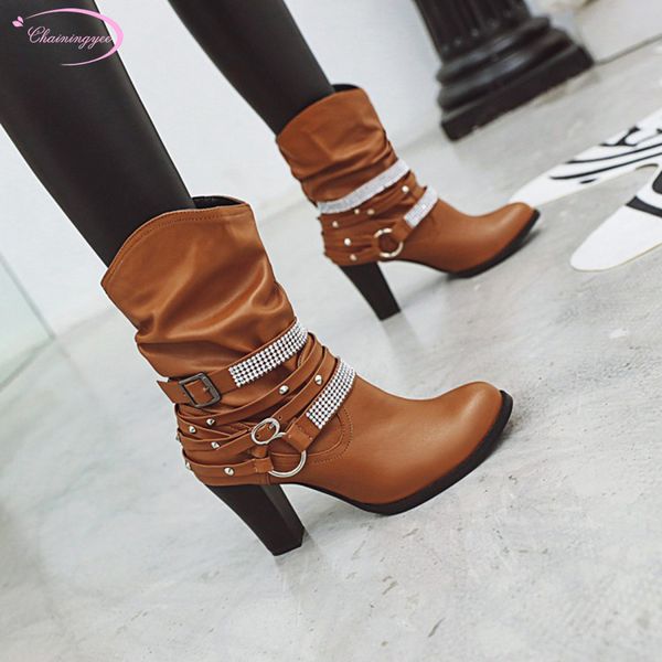 

street round toe motorcycle boots antumn ankle boots fashion crystal belt buckle pleated high heel thick women's shoes big size, Black