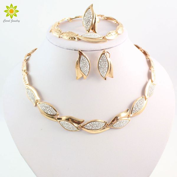 

fashion women party gold color african bead jewelry sets crystal leaves shape necklace bracelet earrings ring, Slivery;golden
