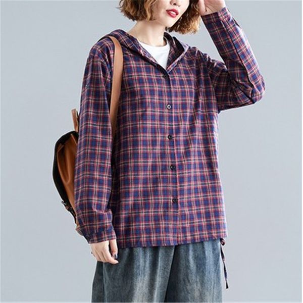 

2020 women's mail spring new plaid jacket plum-size women's blouses blouses hooded shirts long sleeves look slimmer, Tan;black