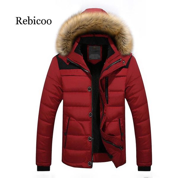 

men down jacket brand clothing casual warm hooded fur collar coats winter jackets parkas men's windbreakers, Black