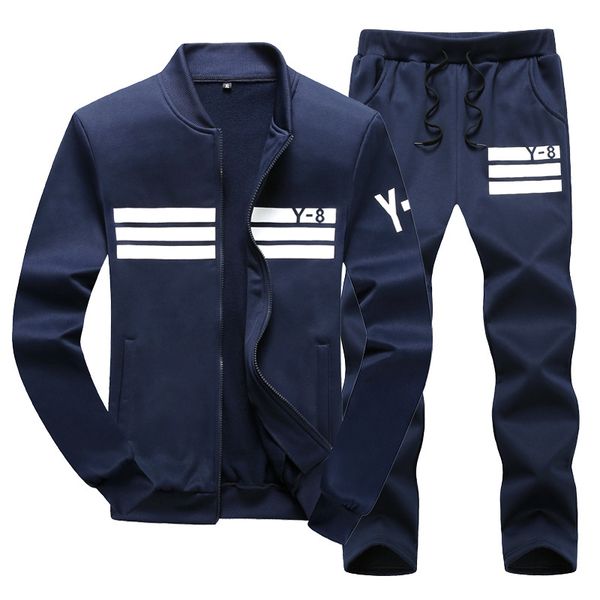 

9xl autumn winter men sport suit print zip up jacket coat sweatshirt+pant casual jogger running outfit set sportswear tracksuit, Black;blue