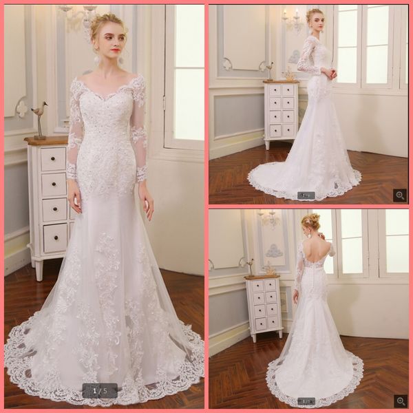 

2019 new designer mermaid white lace appliques beaded wedding dress v neckline low back long sleeve stylish bride gowns selling