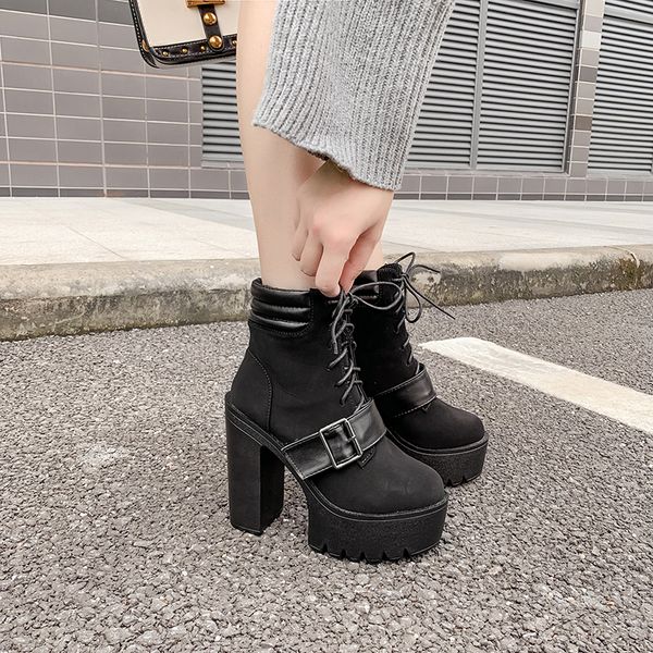 

black womens combat boots womens ankle boots strap block heel shoes buckle prom snow shoes platform punk goth yma943-1
