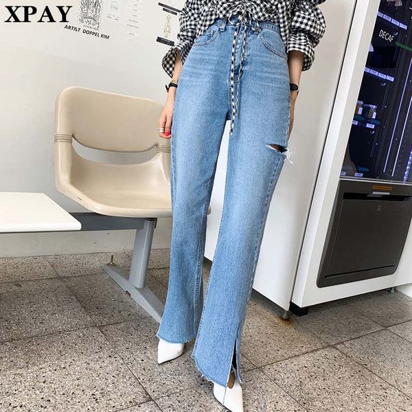 

2020 spring summer new high waist jeans pants women vintage split ripped straight trousers femme streetwear wide leg denim pants, Blue