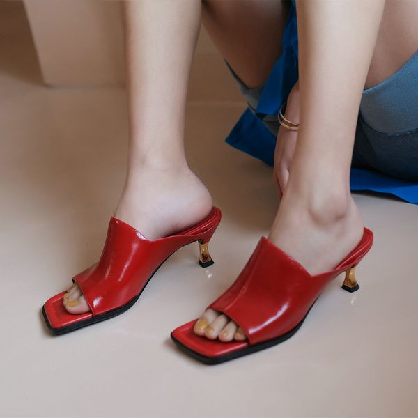 

slippers est genuine leather shoes women sandals fashion 4cm thin heels summer mules woman, Black