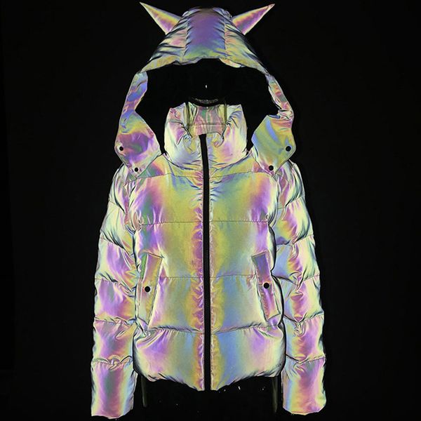 

winter women reflective hooded parkas down bubble coat jackets cool bling luminous cute hooded down jacket thick warm outcoats, Black