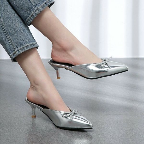 

ladies bow tie shiny leather pointed toe slip on sandals mules slippers shoes, Black