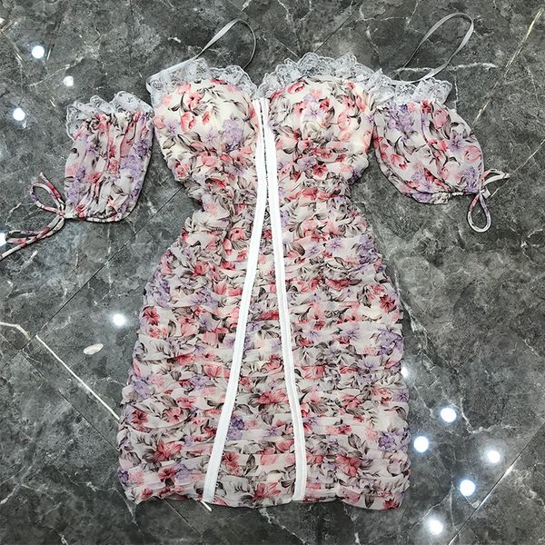 

deat 2020 new summer fashion casual patchwork short sleeve high waist print bow lace strapless slim floral dress women sd211, Black;gray