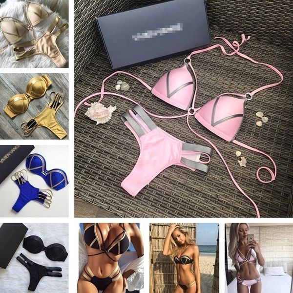 

swim designer swimwear 2019 pink women bikini set padded uit women push up swimwear bandeau bikinis thong beachwear bathing suit, White;black