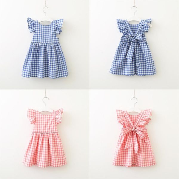

summer baby girls plaid backless dress ruffle sleeve back bowknot dress princess dress cotton pink blue girl gift, Red;yellow