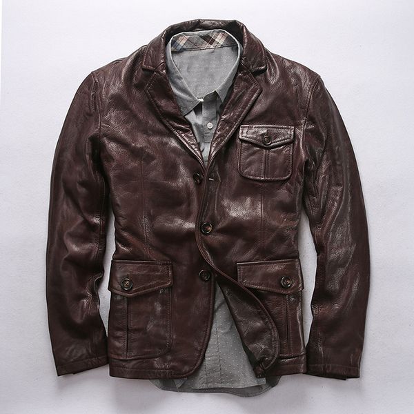 

men's slim fit real leather jacket lapel three buttons safary style goat skin leather suit men smart casual blazer male, Black