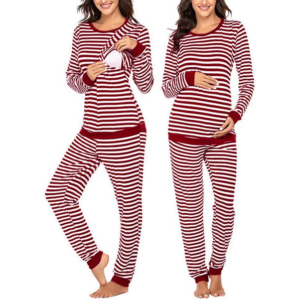 

2019 maternity nightwear women maternity long sleeve nursing t-shirt +striped pants pajamas set suit pijama embarazo @47, White