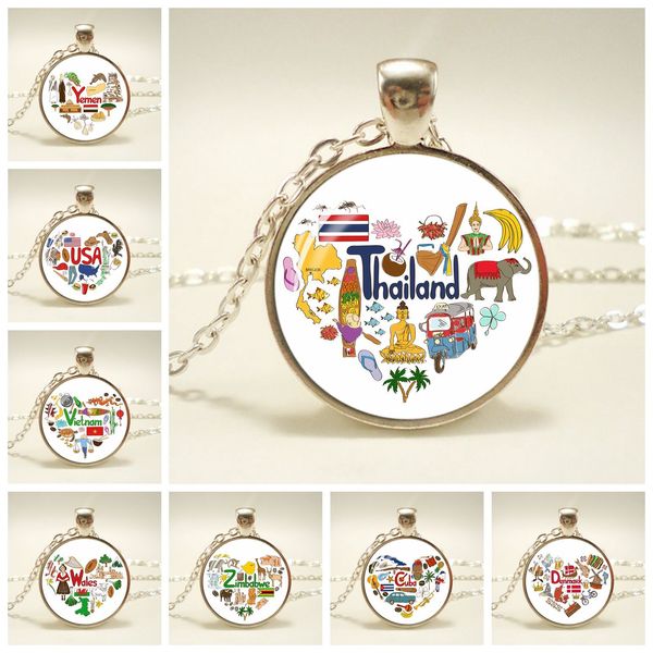 

ethnic style italy cuba france russia nationality silver dome glass cabochon pendant necklace fashion jewelry travel gift