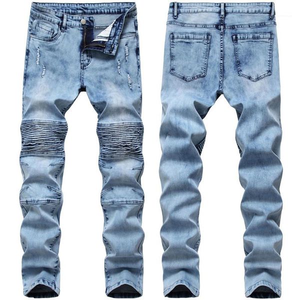 

solid color homme clothing fashion style casual jeans summer mens designer slim stretch jeans pencil pants, Blue