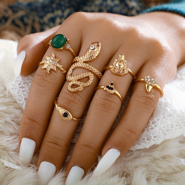 

7pcs/set bohemia gold color rings sets for women jewelry wedding retro disc crown ring carved gold snake, Golden;silver