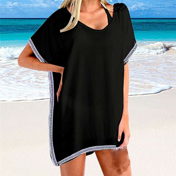 

womens dress solid chiffon beachwear robe femme ropa mujer elegant beach wear lace cover up kaftan dress 2019 sale, Black;gray