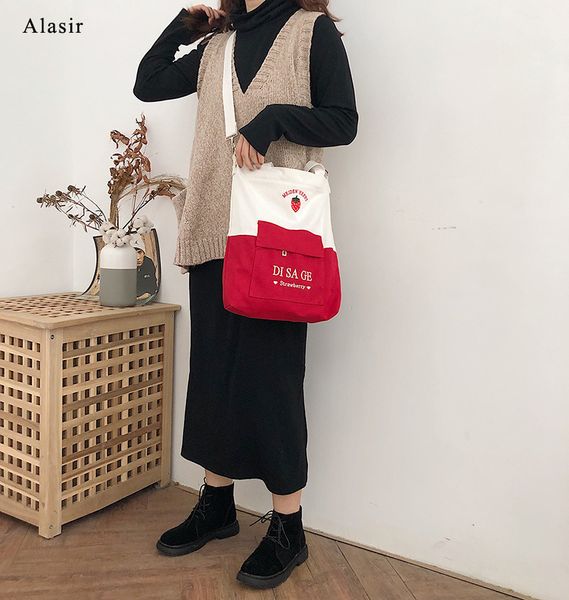

alasir color collision canvas bag literature and art female shoulder fruit printing handbag patchwork crossbody bags for women