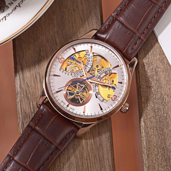 

mens designer luxury watch flywheel new automatic machinery stainless steel case black casual leather strap luxury watch sports watch x154, Slivery;brown