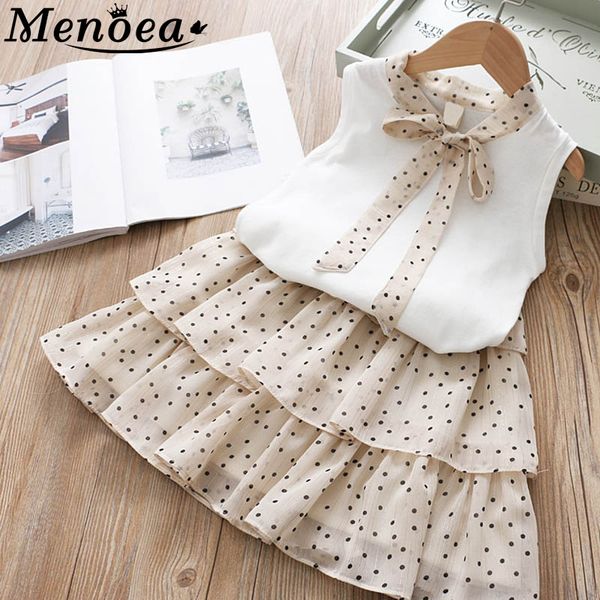 

menoea girls clothes suits 2020 clothing sets bow dots printed t-shirt 2pcs sets kids sleeveless children clothing, White
