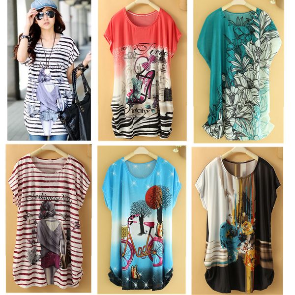 

women designer shirt womens new fashion t shirt women summer mouw long print floral flowers plus size big woman clothes, White