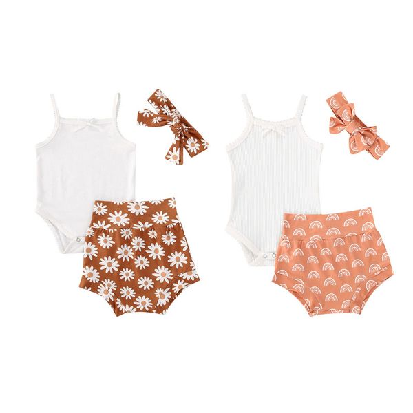 

pudcoco baby girl cotton clothes sets summer baby sling ribbed white sleeveless romper +rainbow printed shorts+headband