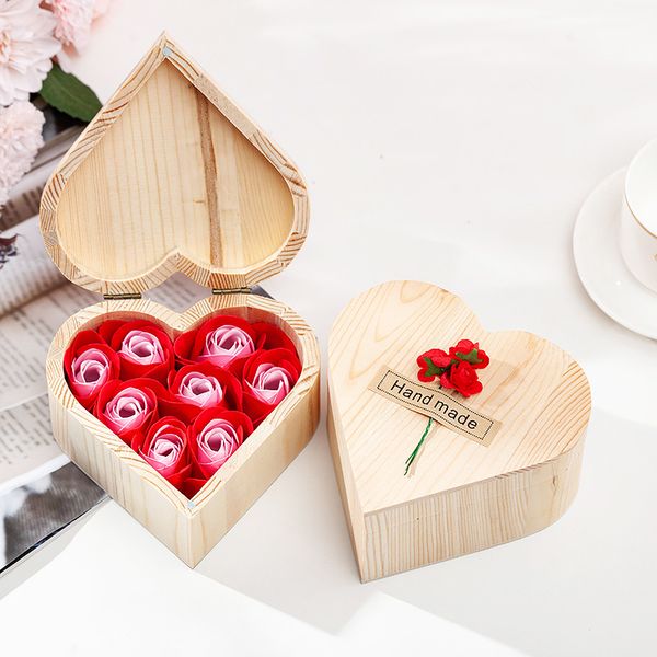 

flower soap rose soap 8pcs wooden heart-shaped gift box petal rose valentine's day gift box wedding festival decoration