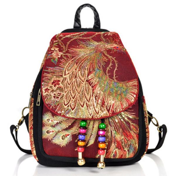 

new ethnic style embroidery new women's bag fashion peacock embroidery bag canvas women's backpac