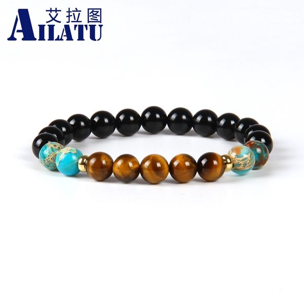 

ailatu wholesale 10pcs/lot 8mm black onyx & sea sediment tiger eye stone beads lovers energy bracelet, Golden;silver