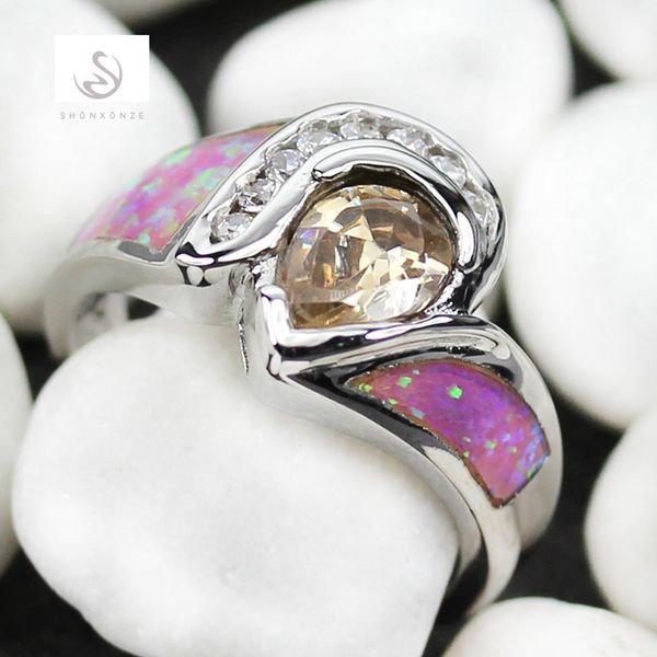 

shunxunze fancy vintage noble women wedding rings jewelry & accessories champagne cubic zirconia with pink opal rhodium plated r350 size 6 9, Silver