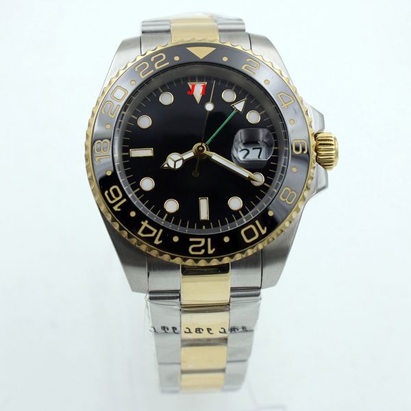

luxury black dial rotatable bezel two tone stainless steel bracklet man watch index markers 40mm automatic mechanical sapphire mens watches, Slivery;brown