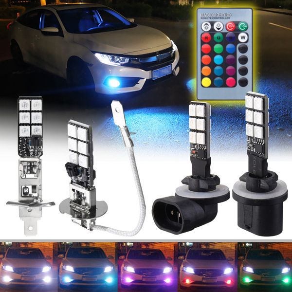 

2x h1 h3 rgb wireless control 12 smd strobe led decoration drl fog light bulbs parking daytime running backup lamp remote