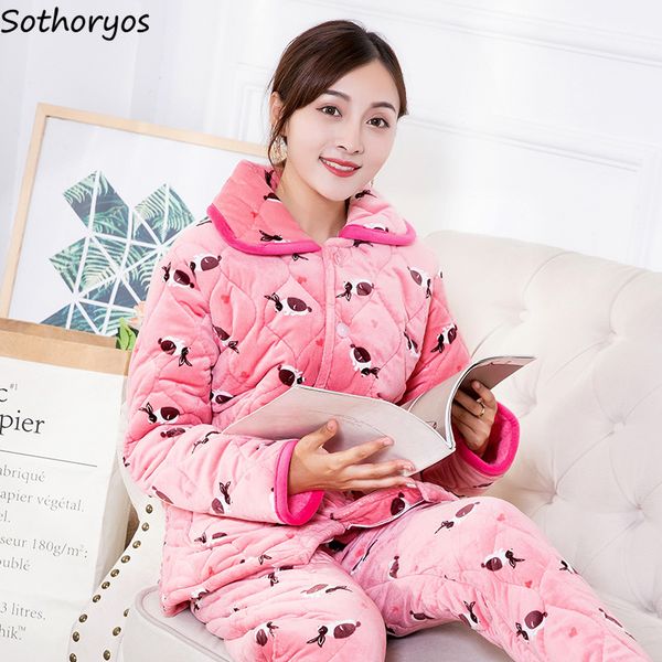 

pajama sets women winter flannel cartoon printing soft pajamas womens long sleeves soft pockets 2 pieces homewear kawaii set, Blue;gray