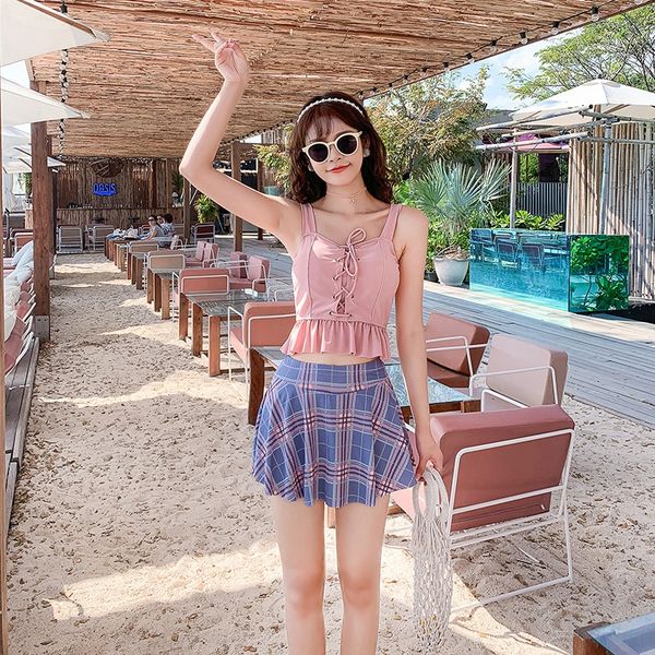 

2020 swim split belly-covering slim chest swimsuit gathering steel holder ins wind girl spring swimming suit, White;black