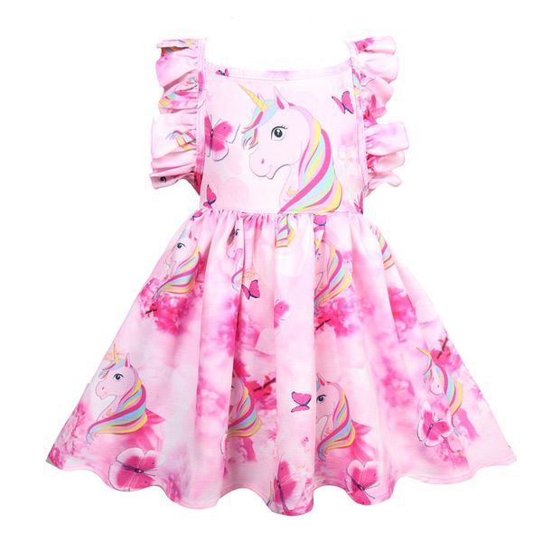 

pink purple 2019 girls rainbow unicorn dress kids summer backless flying sleeve cartoon printed cotton pleated princess dresses clothing, Red;yellow