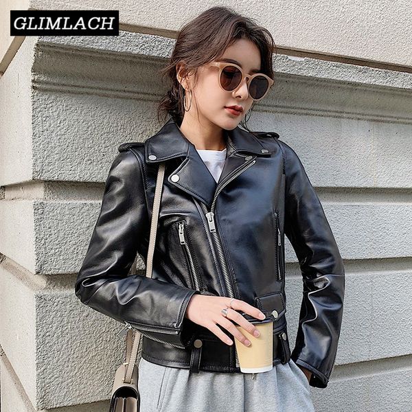 

women plus size sheepskin genuine leather jackets autumn slim motorcycle biker jacket ladies real leather coats chaqueta mujer, Black
