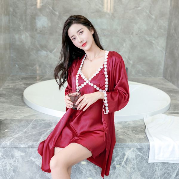 

seein women's sleepwear women rayon night robe strap pajamas summer two piece sets casual home wear nightwear sleep kimono bath gown, Black;red